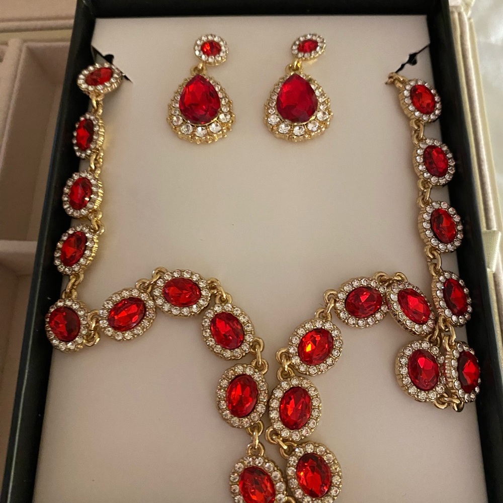 Gold-Tone Red Crystal Necklace & Earring Set
